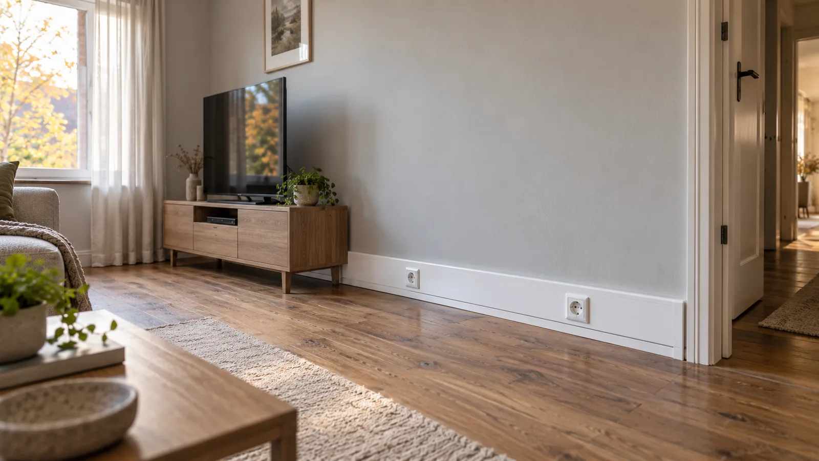 Plinthe technique blanche avec deux prises neuves dans un salon en rénovation