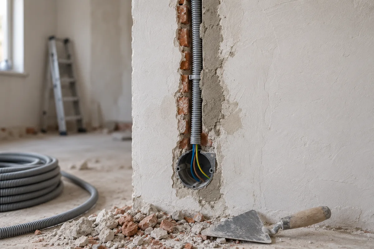 Saignée murale avec gaine électrique et boîte d'encastrement en rénovation
