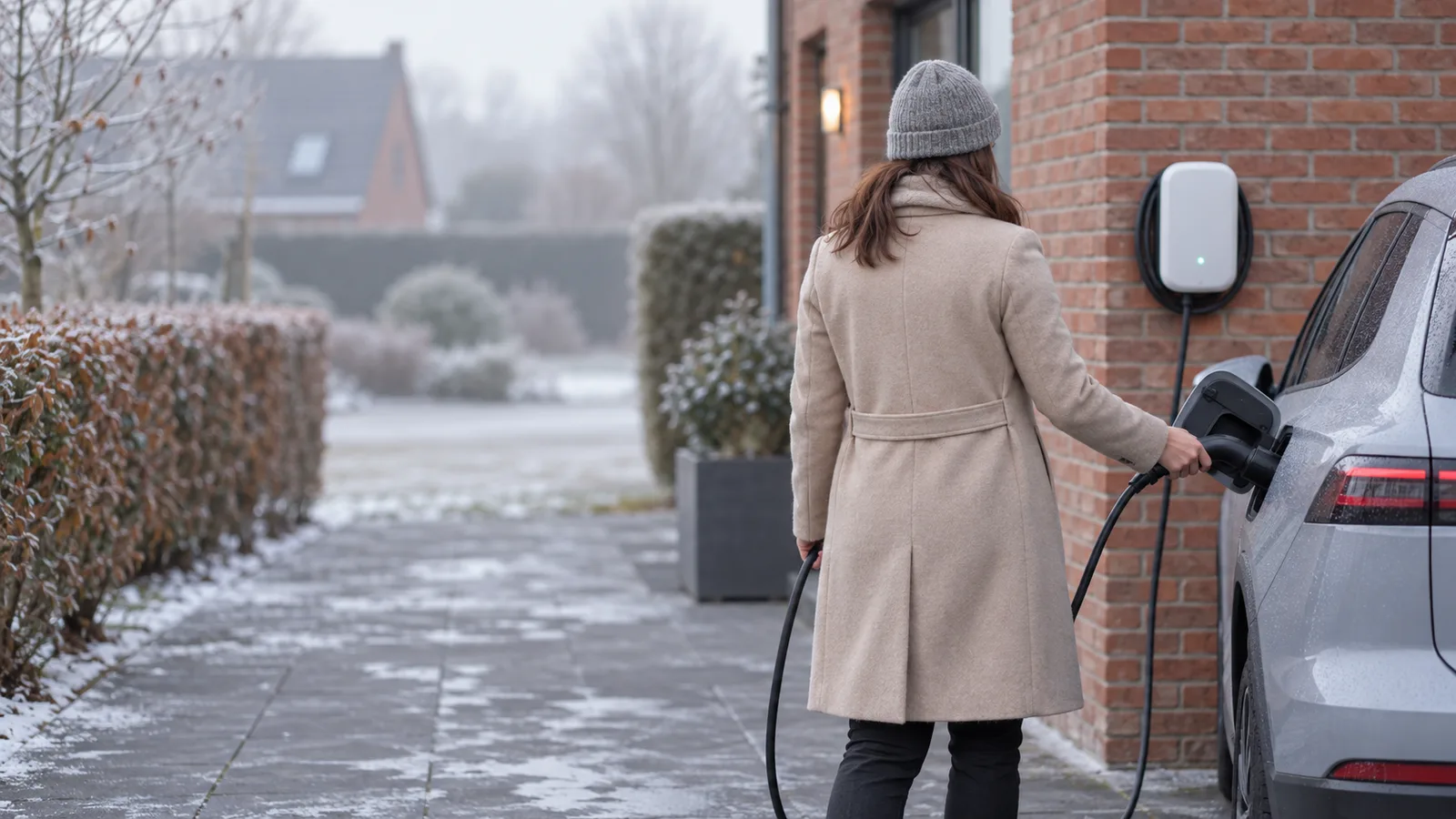 Femme de dos branchant sa voiture électrique sur une borne de recharge domestique