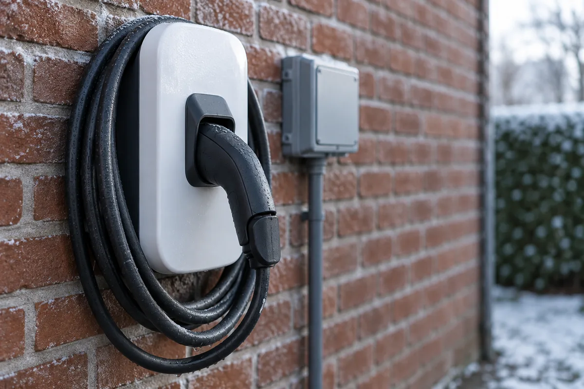 Connecteur de borne de recharge raccroché, câble enroulé contre un mur de briques
