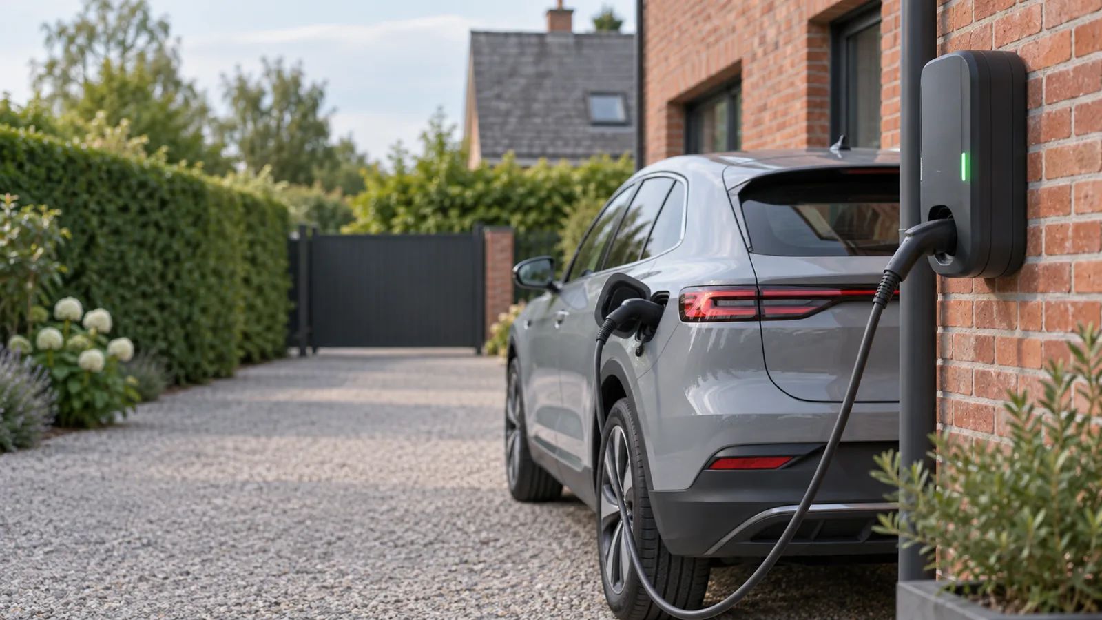 Borne de recharge murale branchée sur une voiture électrique dans une allée