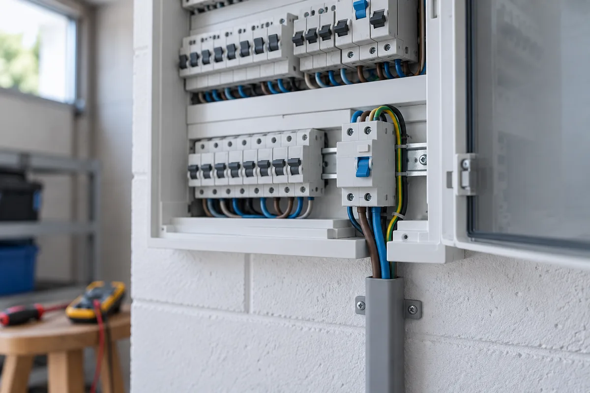 Tableau électrique ouvert avec différentiel dédié et câble de borne de recharge