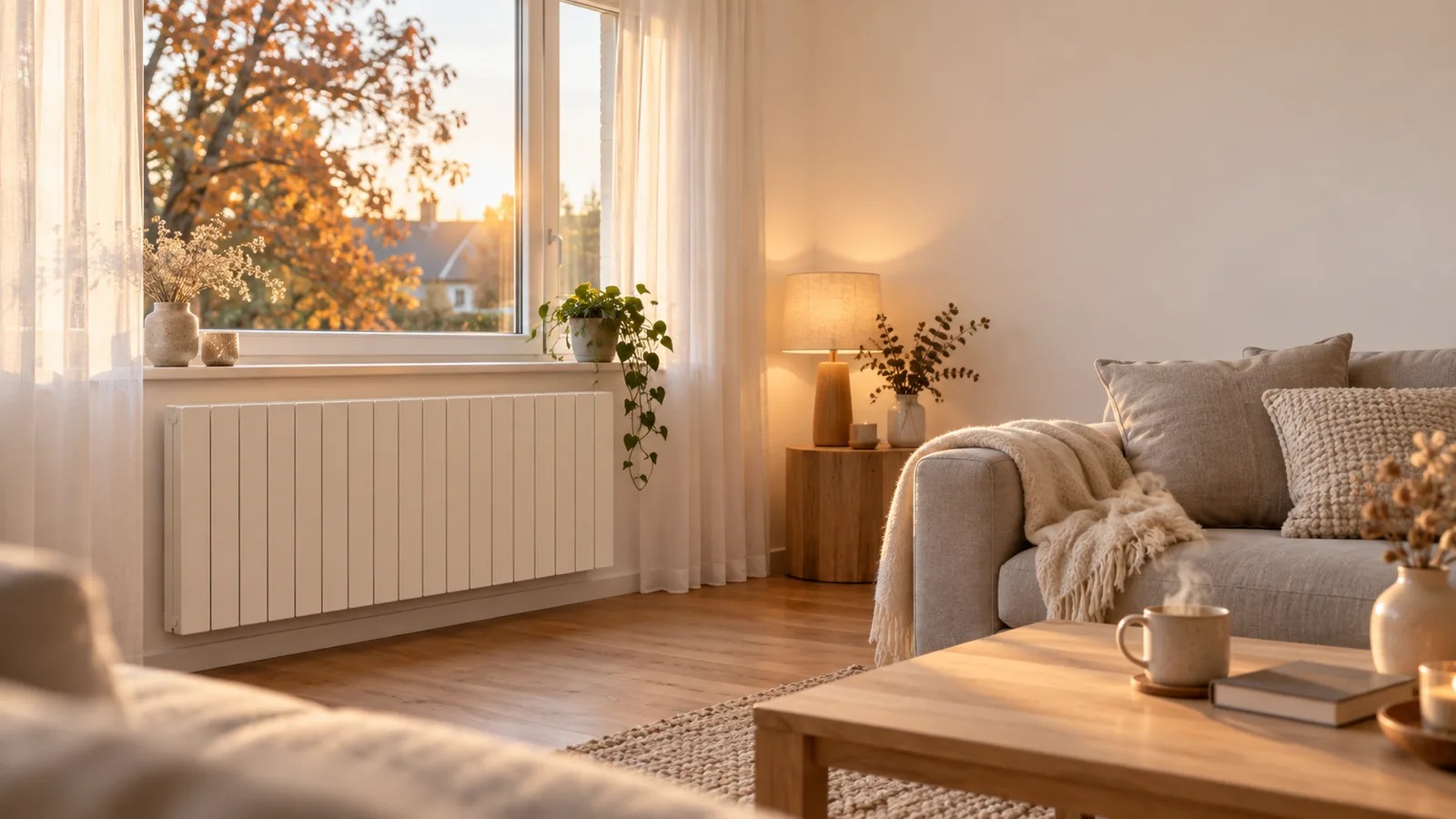 Radiateur électrique à inertie dans un salon cosy d'automne