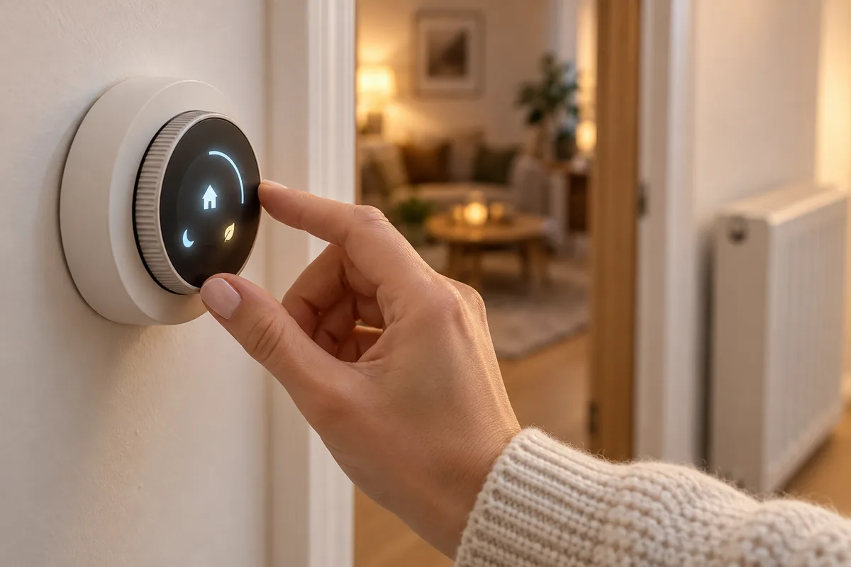 Doigt réglant la molette d'un thermostat programmable mural