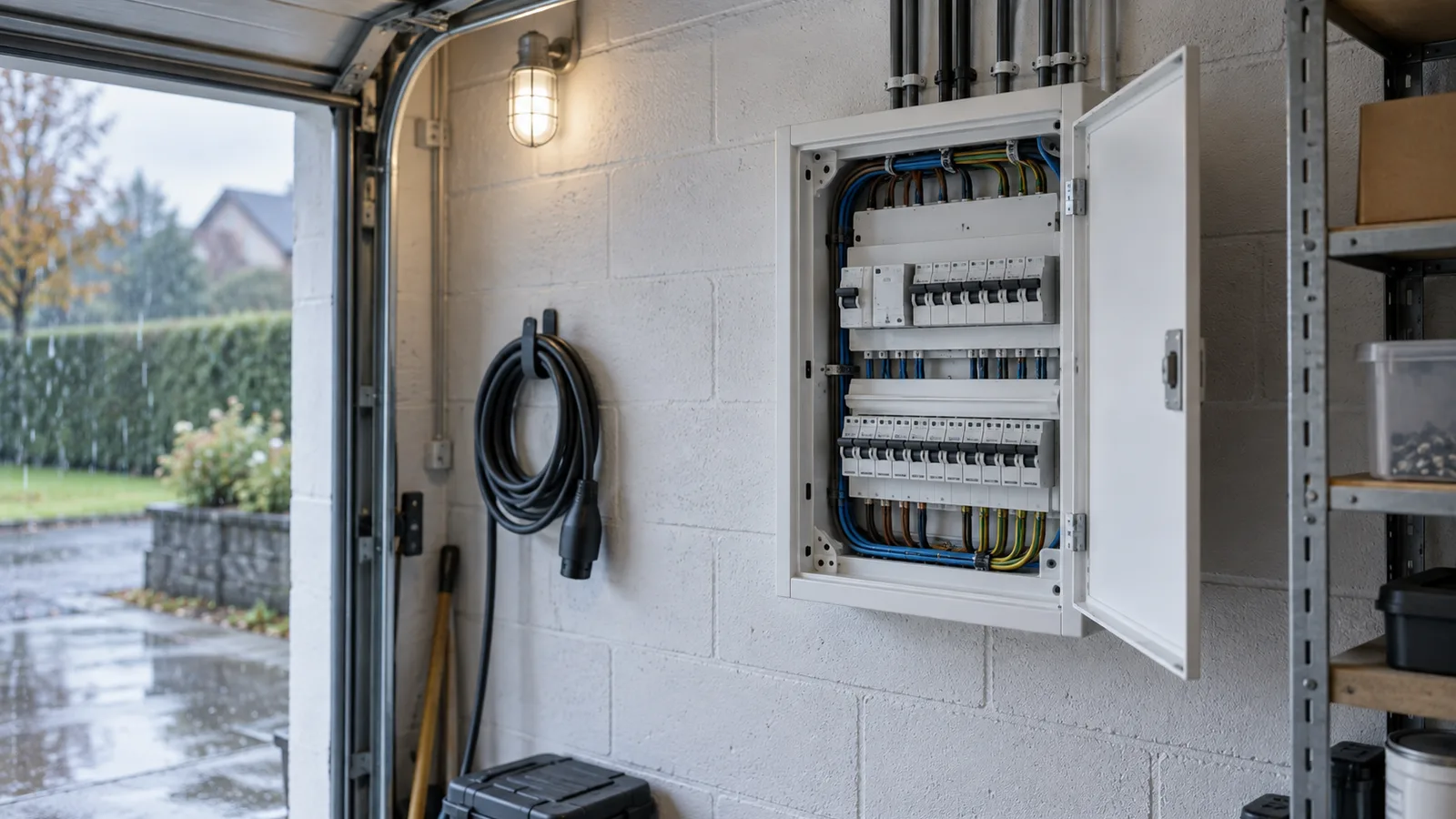 Tableau électrique domestique ouvert dans un garage aux murs blancs