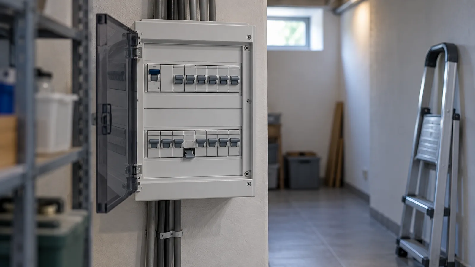 Tableau électrique ouvert avec un disjoncteur basculé en position coupée