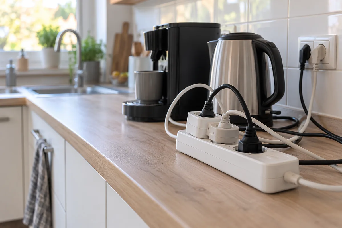 Multiprises branchées en cascade sur un comptoir de cuisine avec appareils