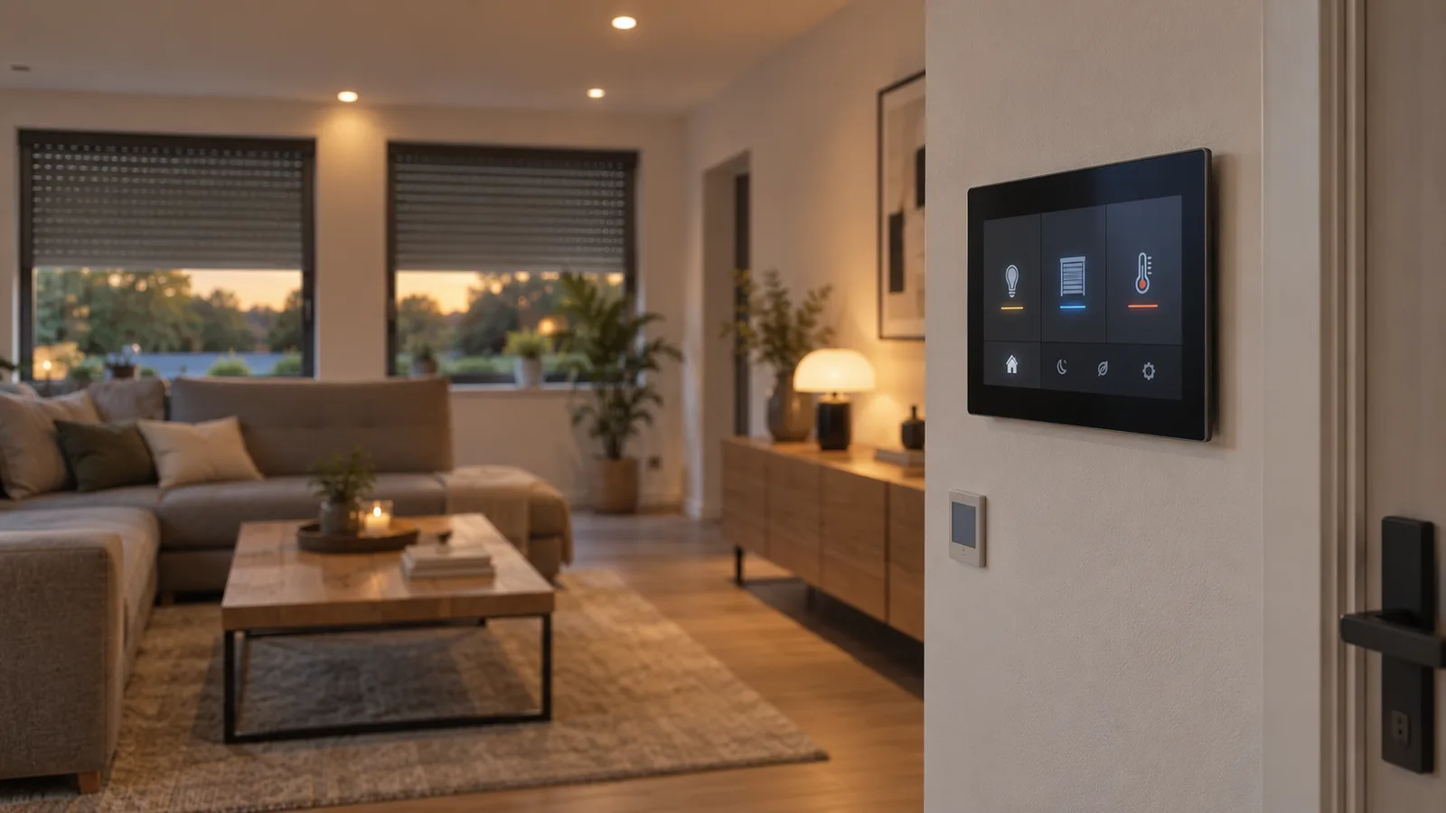Écran tactile de domotique allumé sur le mur d'un salon moderne
