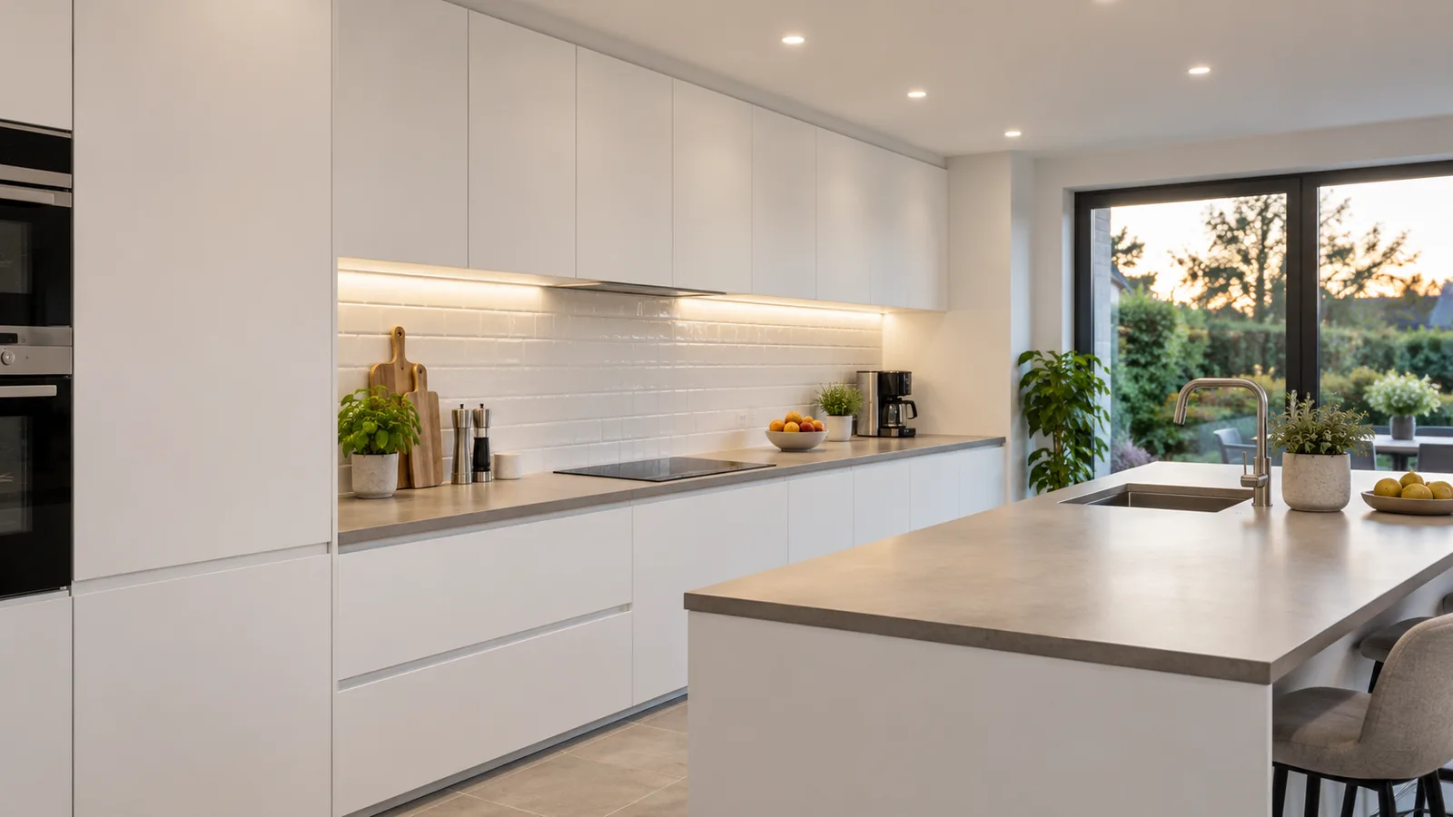 Cuisine rénovée éclairée par des spots encastrés et un ruban LED