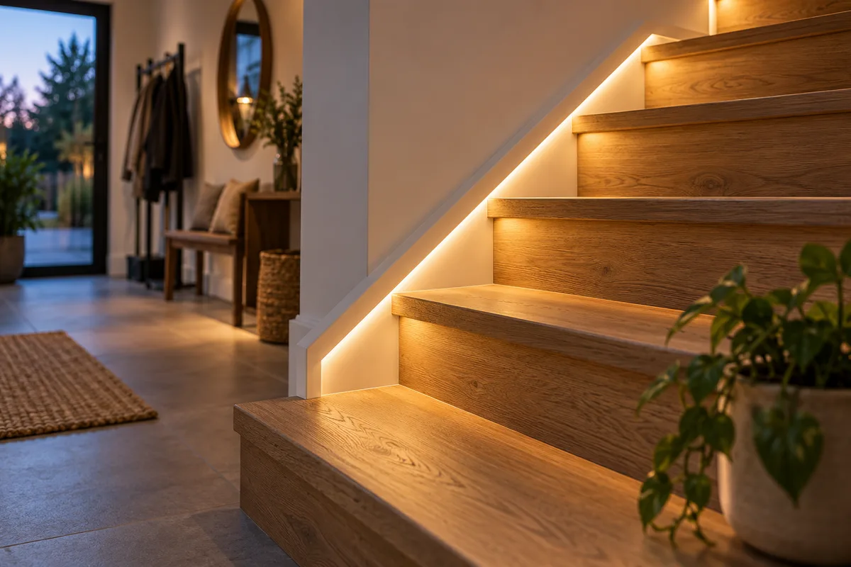 Ruban LED encastré éclairant les marches d'un escalier en chêne