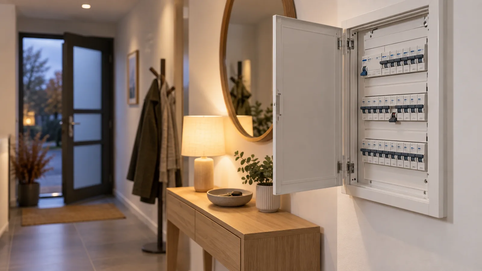 Tableau électrique ouvert aux disjoncteurs alignés dans un hall