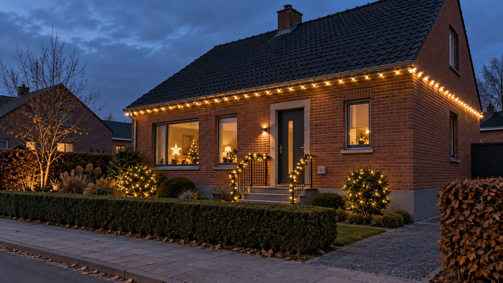 Façade en briques décorée de guirlandes lumineuses sobres au crépuscule