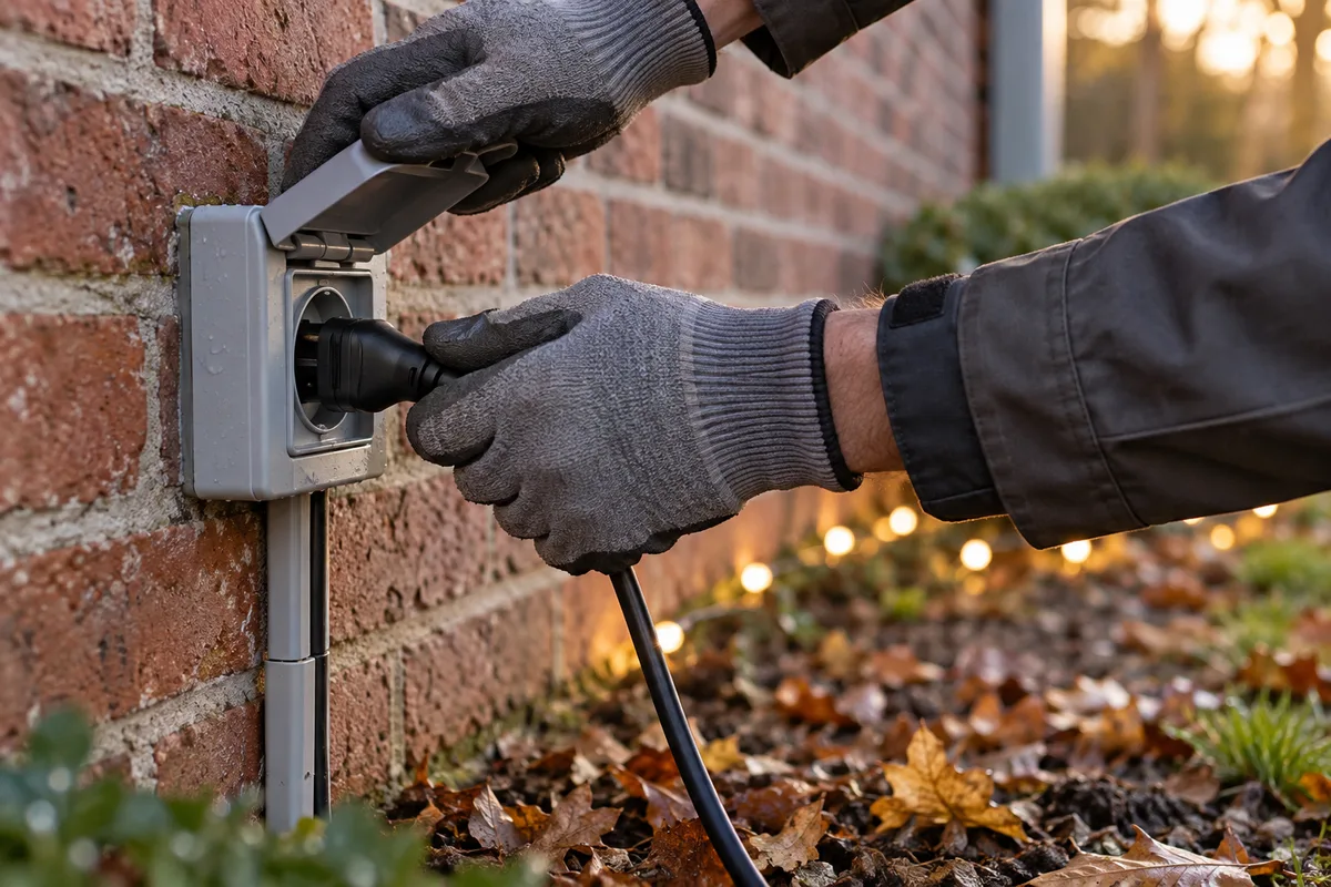 Mains gantées branchant une guirlande lumineuse dans une prise extérieure étanche