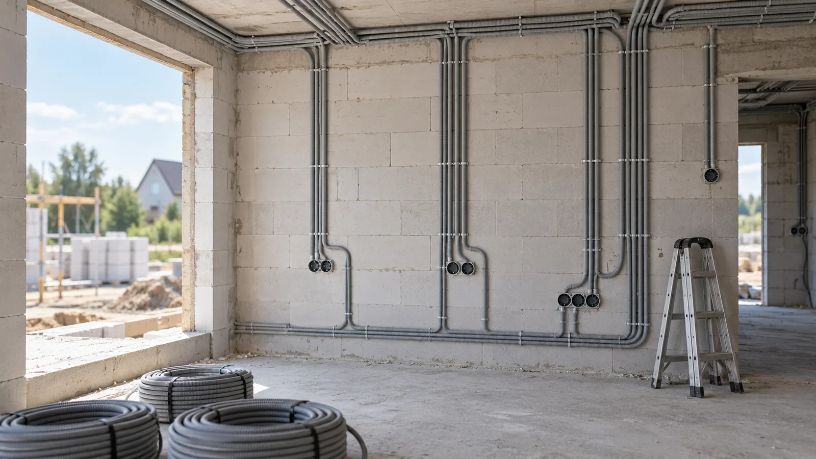 Réseau de gaines électriques fixées sur un mur en blocs en construction