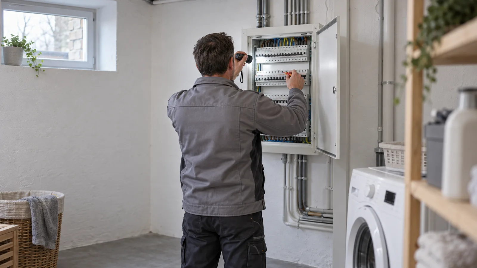 Électricien de dos contrôlant un tableau électrique ouvert à la lampe frontale