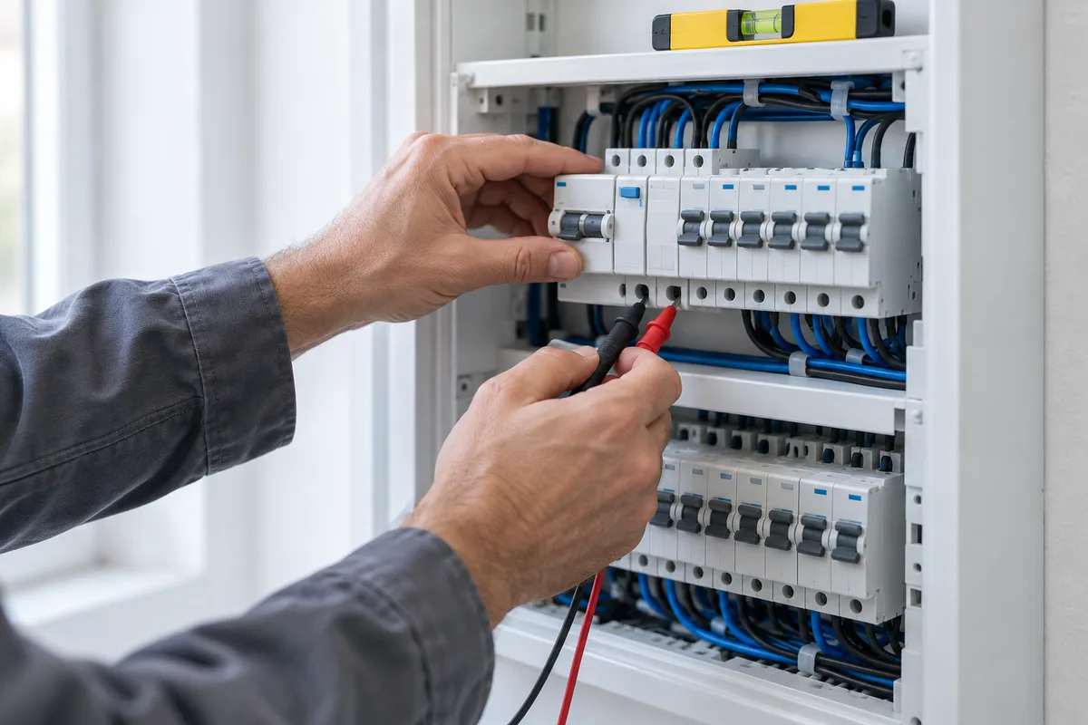 Mains testant un disjoncteur différentiel dans un tableau électrique neuf