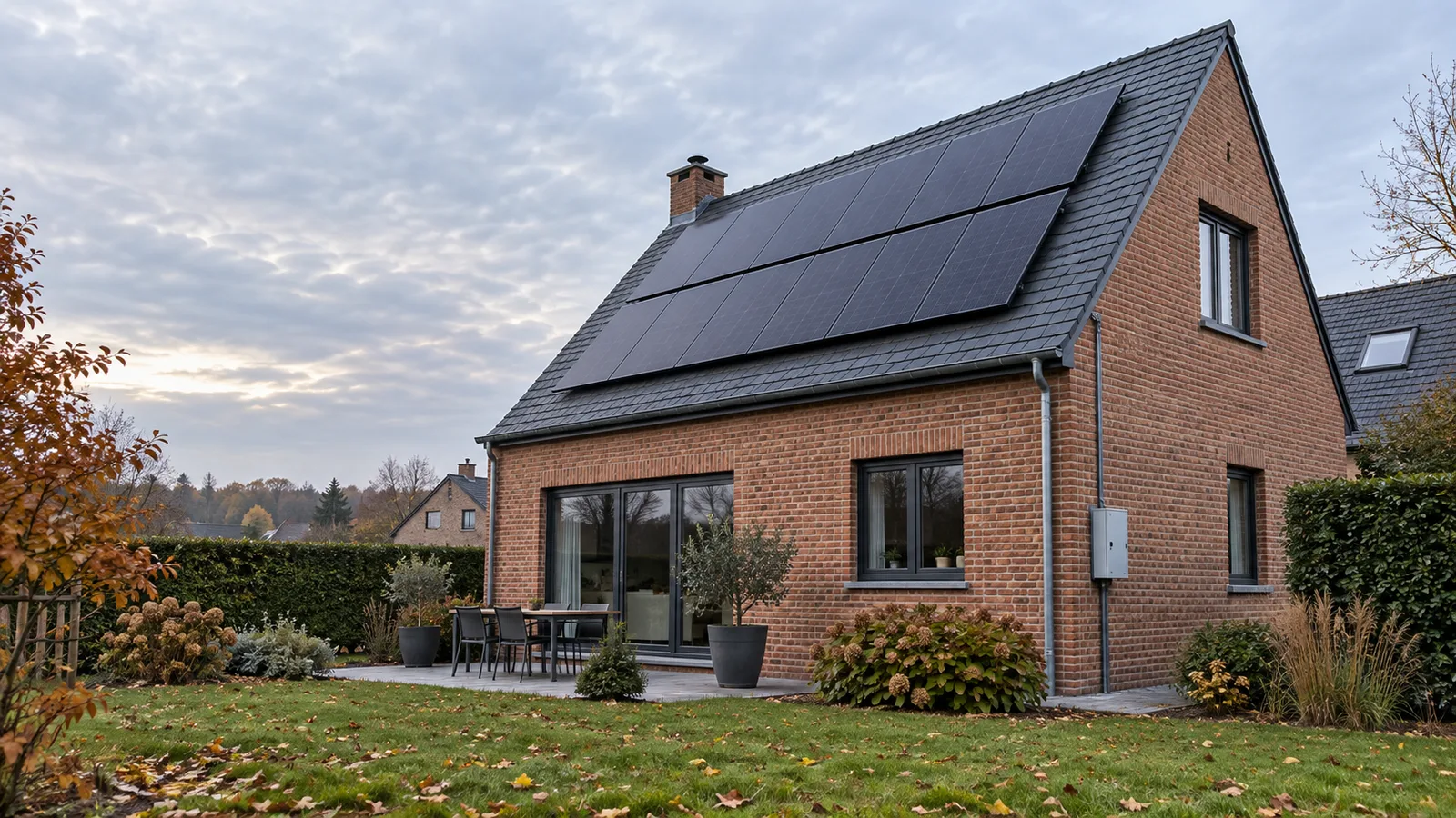 Panneaux photovoltaïques alignés sur la toiture en ardoises d'une maison en briques