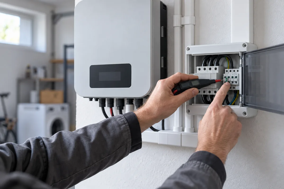 Mains vérifiant le raccordement d'un onduleur photovoltaïque fixé au mur