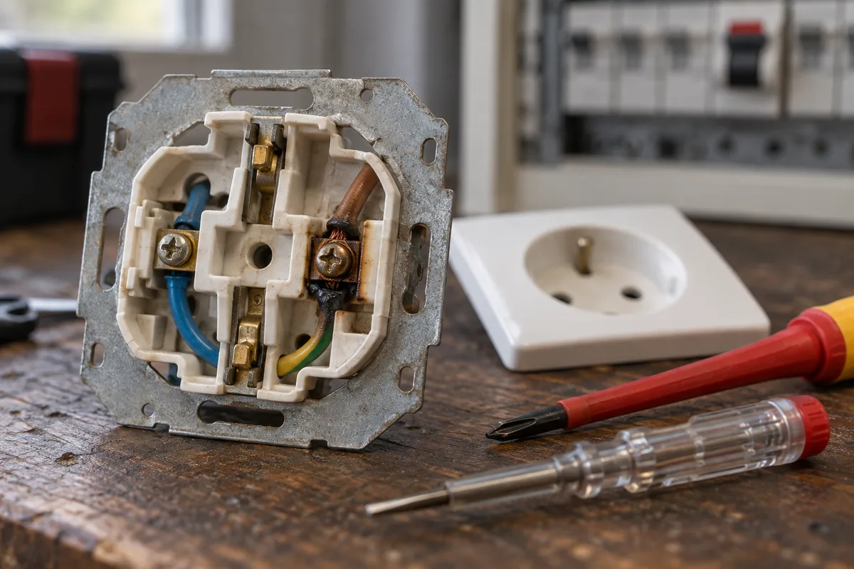 Mécanisme de prise démonté avec une connexion desserrée et du cuivre bruni