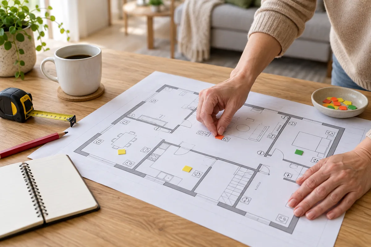 Mains plaçant un marqueur sur un plan d'architecte de rez-de-chaussée