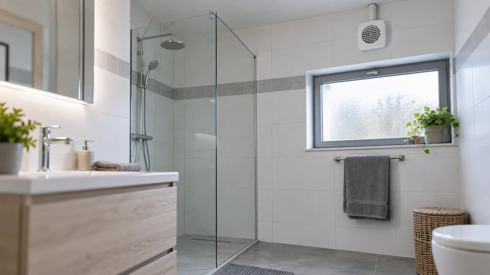 Extracteur d'air blanc neuf installé au mur d'une salle de bain