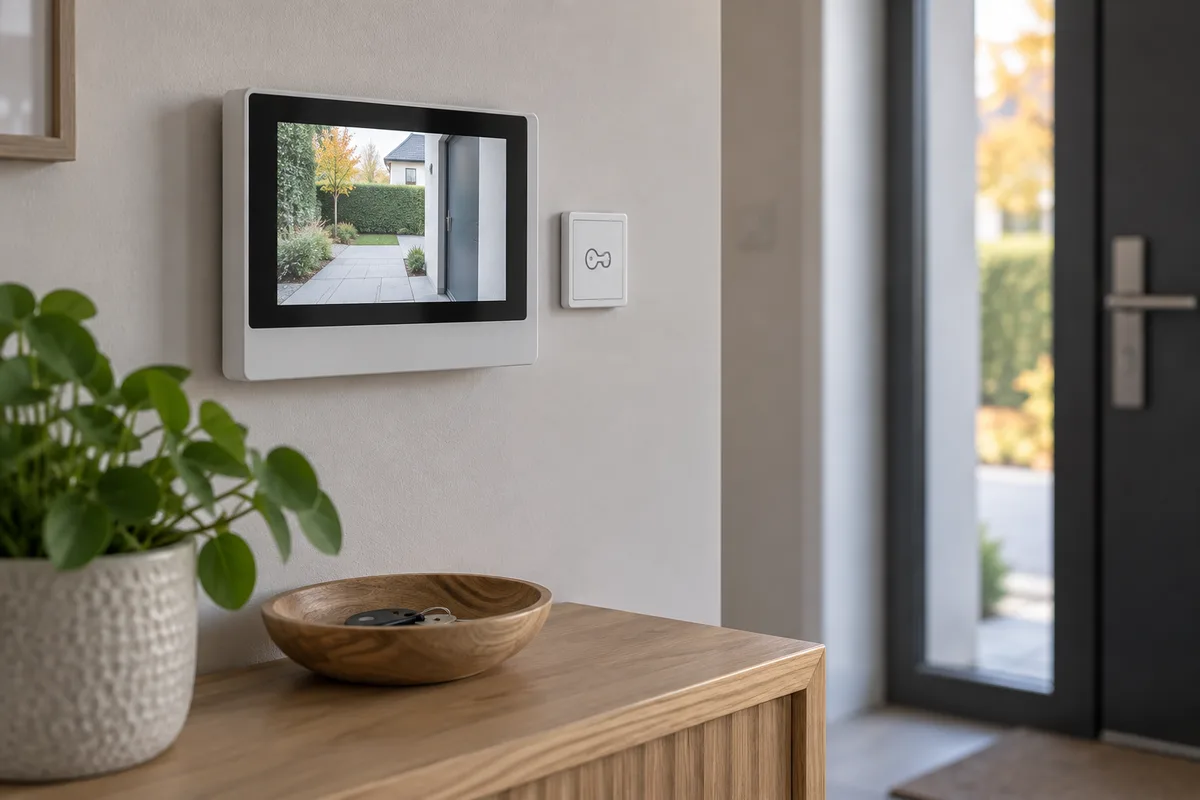 Moniteur intérieur de portier vidéo affichant l'entrée avec bouton d'ouverture